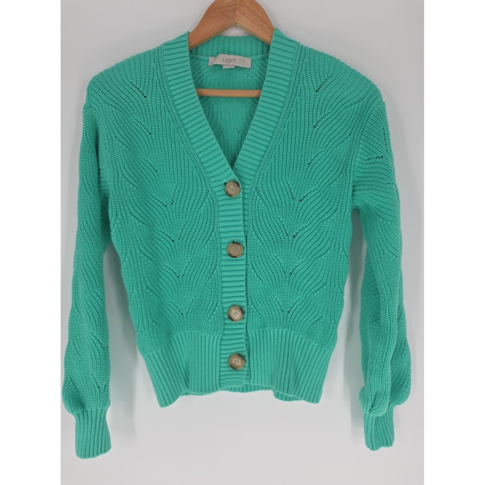 ANN TAYLOR LOFT Cotton Cardigan Sweater XS Green Cable Knit Academia Button Up